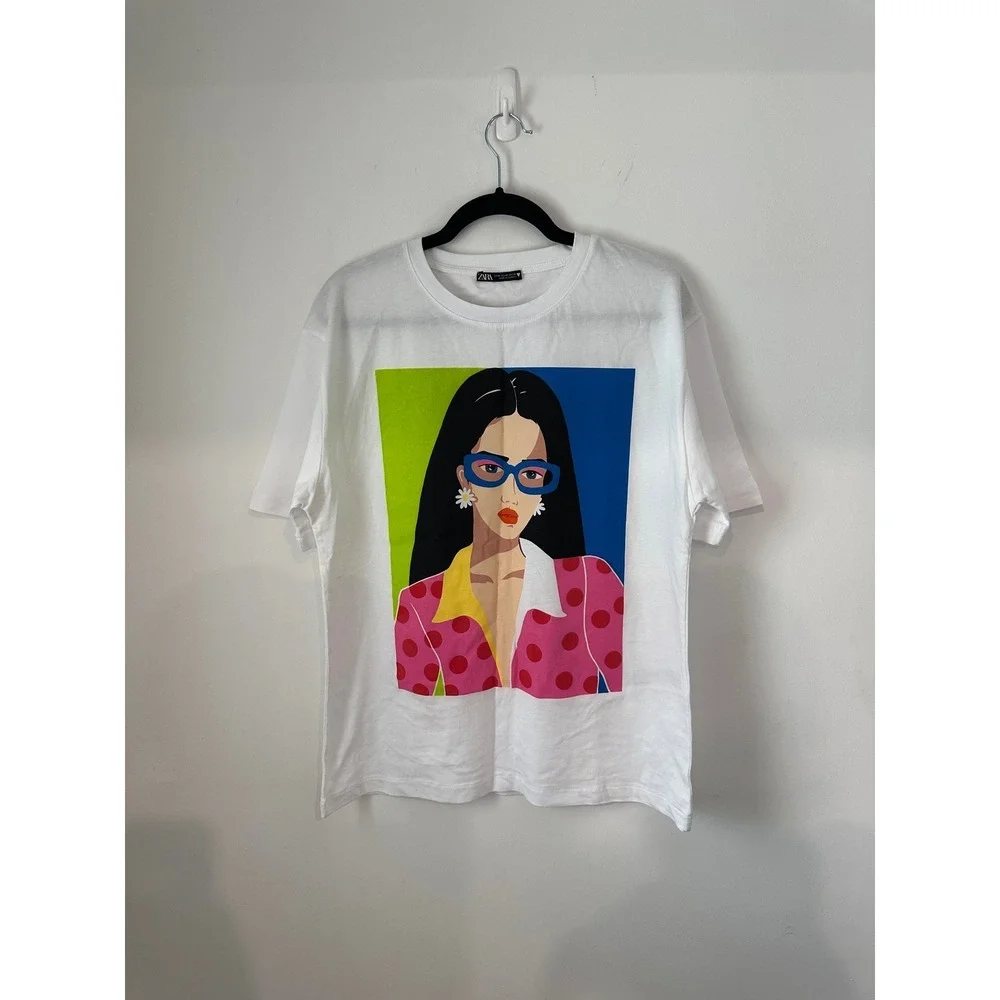 Zara Womens Pop Art Graphic T-Shirt White Crew Neck Short Sleeve Size M